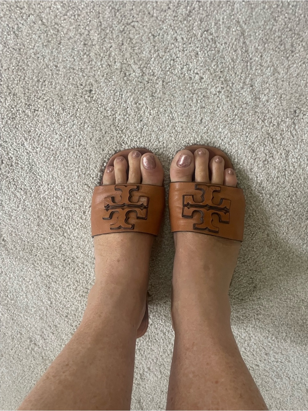 Tory Burch Cognac Leather Logo Slide Sandals